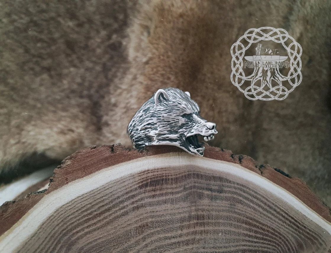 Handmade Sterling Silver Grizzly Bear Ring. Viking Biker Animal Jewelry.
