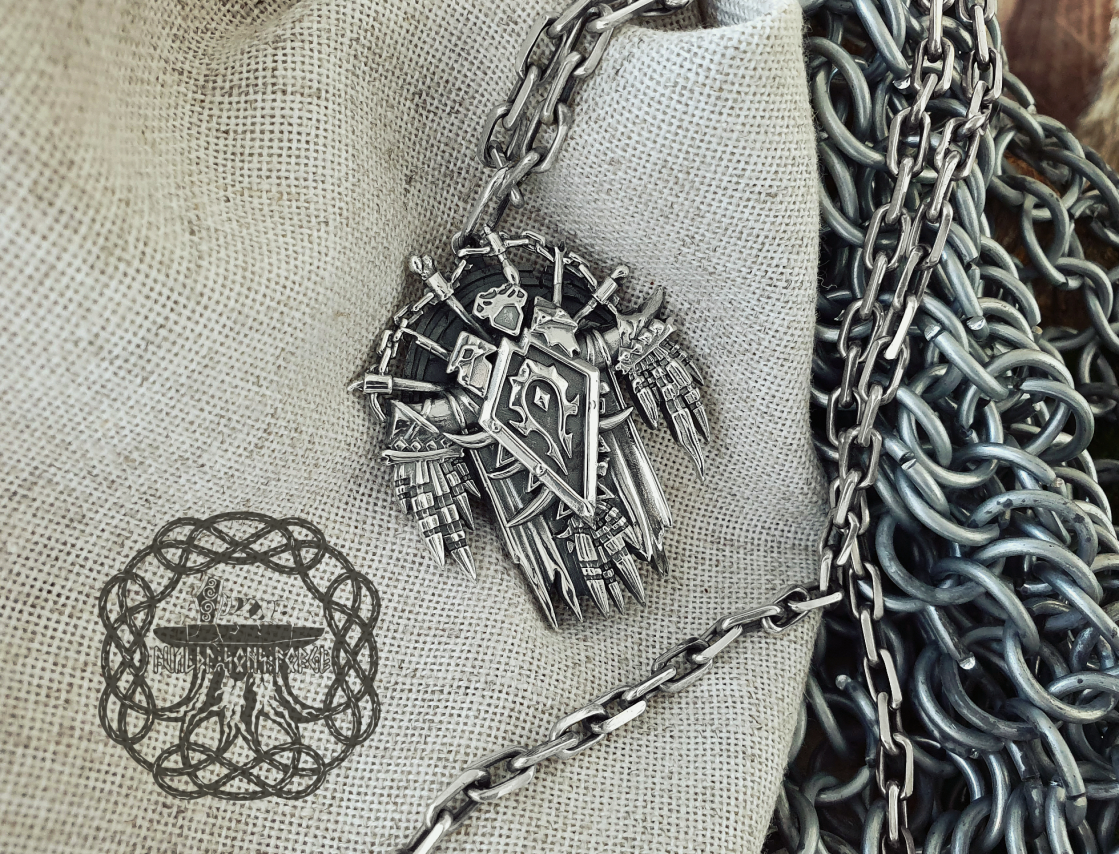 Sterling Silver Warcraft Horde Pendant. Handmade Orc Necklace.