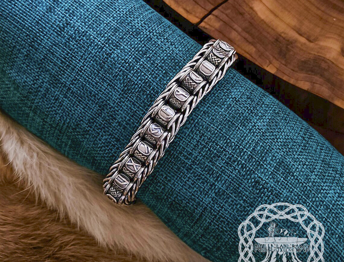 Sterling Silver Rune Bracelet with Cammin Casket Design. Handmade Viking Arm Ring.