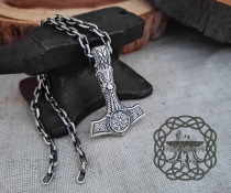 Viking Mjolnir Necklace with Helm of Awe. Sterling Silver Thor Hammer Pendant.