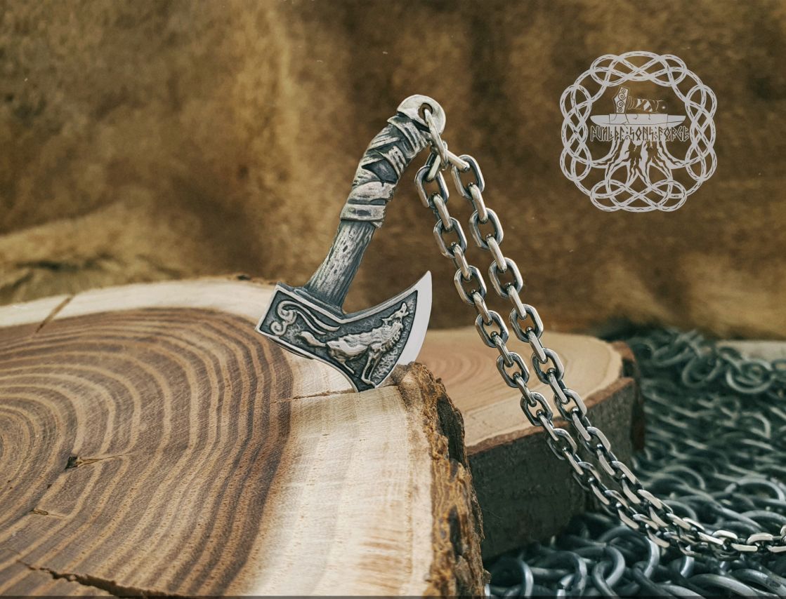 Sterling Silver Norse Axe Pendant. Raven and Wolf Amulet.