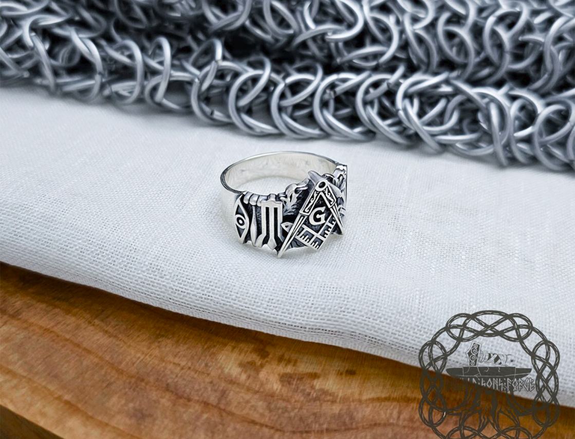 Sterling Silver Masonic Ring. Handcrafted Freemason Symbol Jewelry.
