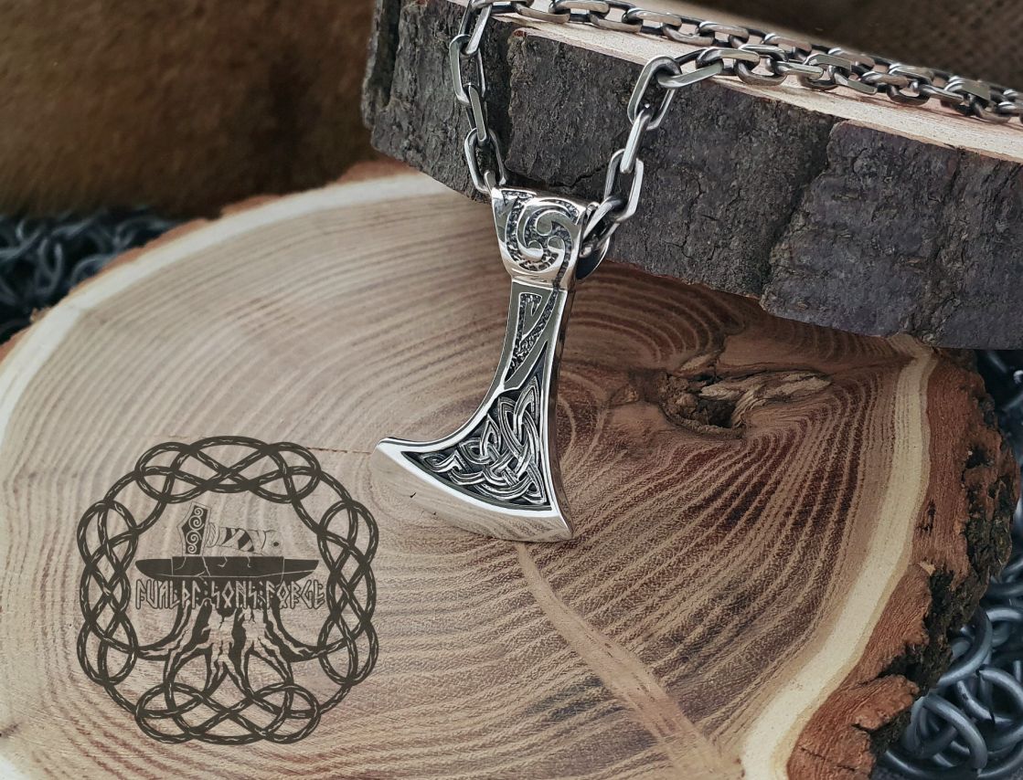 Sterling Silver Norse Pendant. Viking Axe Jewelry.