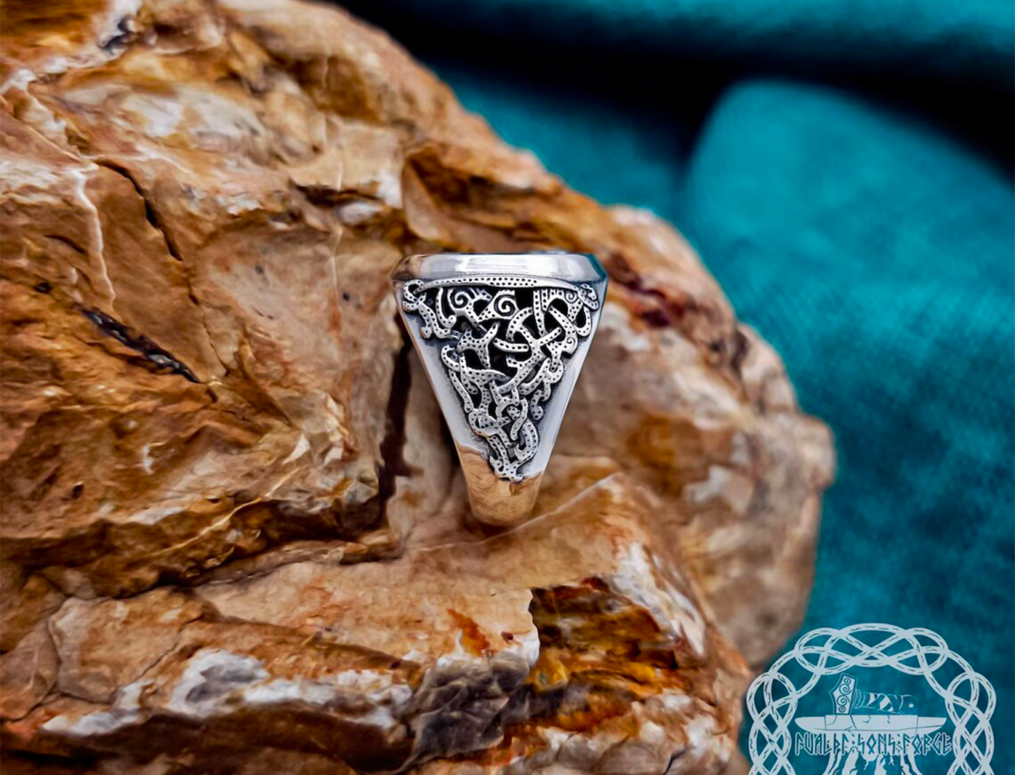 Sterling Silver Raven Triskele Knot Ring. Artisan Viking Jewelry.