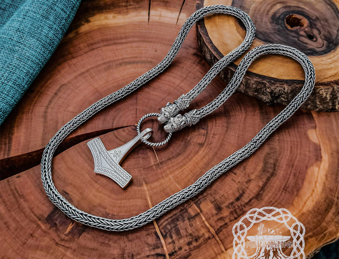 Sterling Silver Wolf Head Viking Chain. Handmade Authentic Jewelry Necklace.