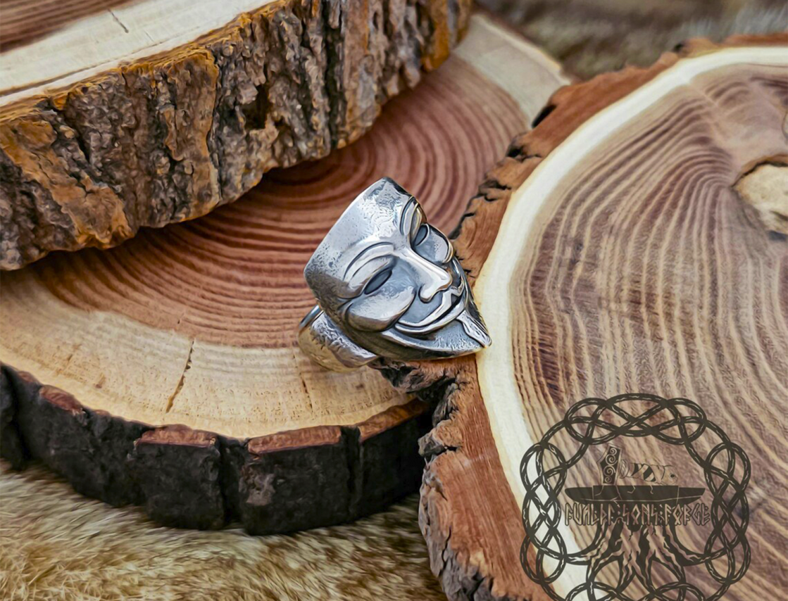 Sterling Silver V for Vendetta Ring. Handmade Mask-Inspired Jewelry.
