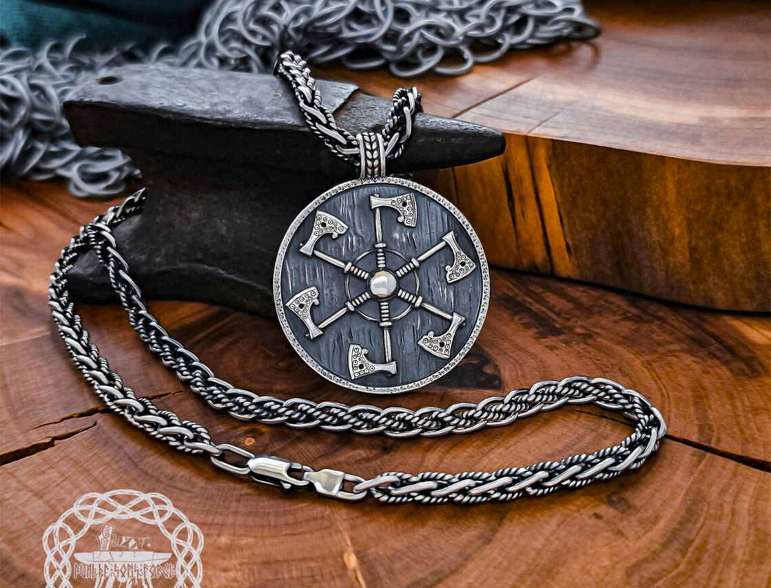 Handmade Sterling Silver Shield Pendant. Viking Axe Necklace.