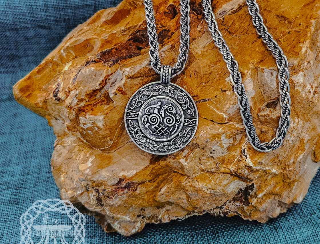 Handmade Sterling Silver Viking Sleipnir Pendant. Urnes Style Necklace.