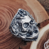 Handmade Sterling Silver Marine Skull Ring. Artisan Wind Rose and Anchor Design.
