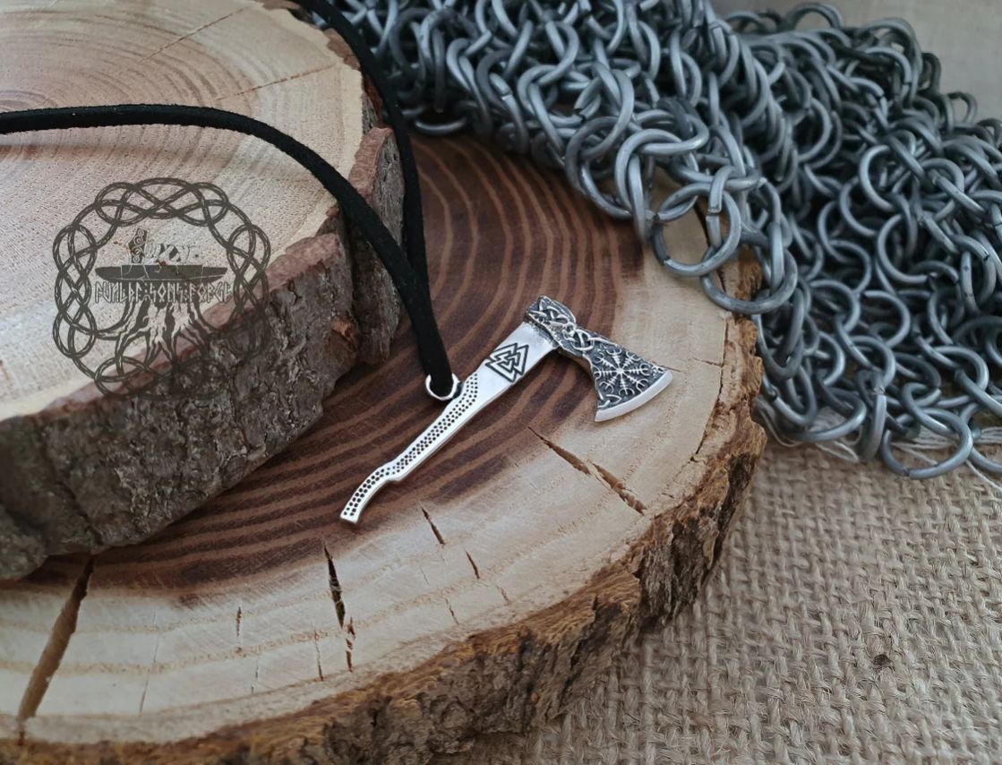 Sterling Silver Viking Axe Necklace. Featuring Valknut and Helm of Awe.