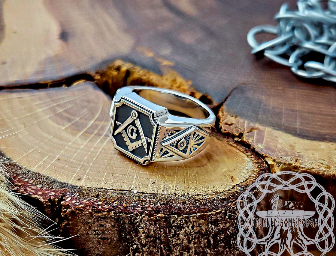 Handmade Sterling Silver Masonic Ring. Freemason Symbol Jewelry.
