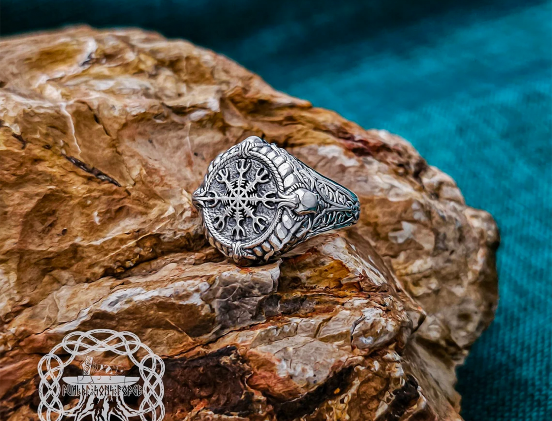 Sterling Silver Viking Helm of Awe Ring. Handmade Skull Design.