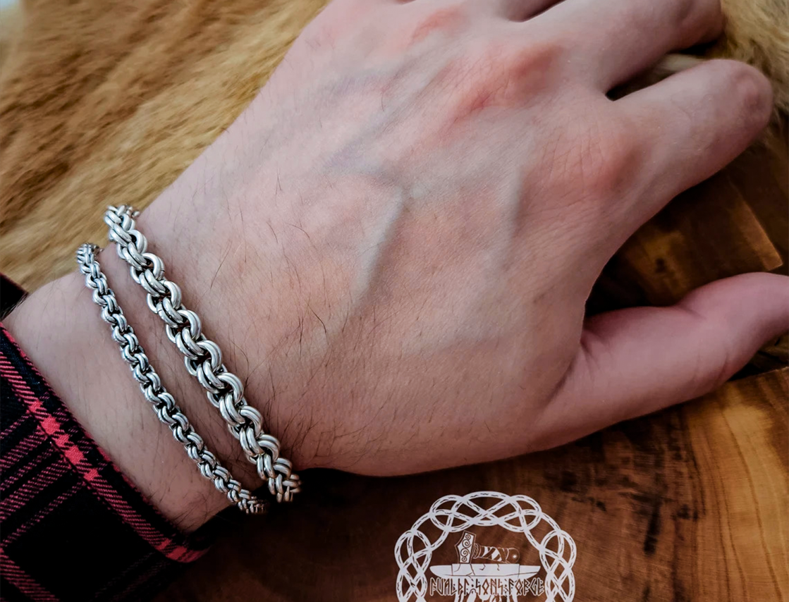 Sterling Silver Viking Bracelet. Handmade Double-Link Design.