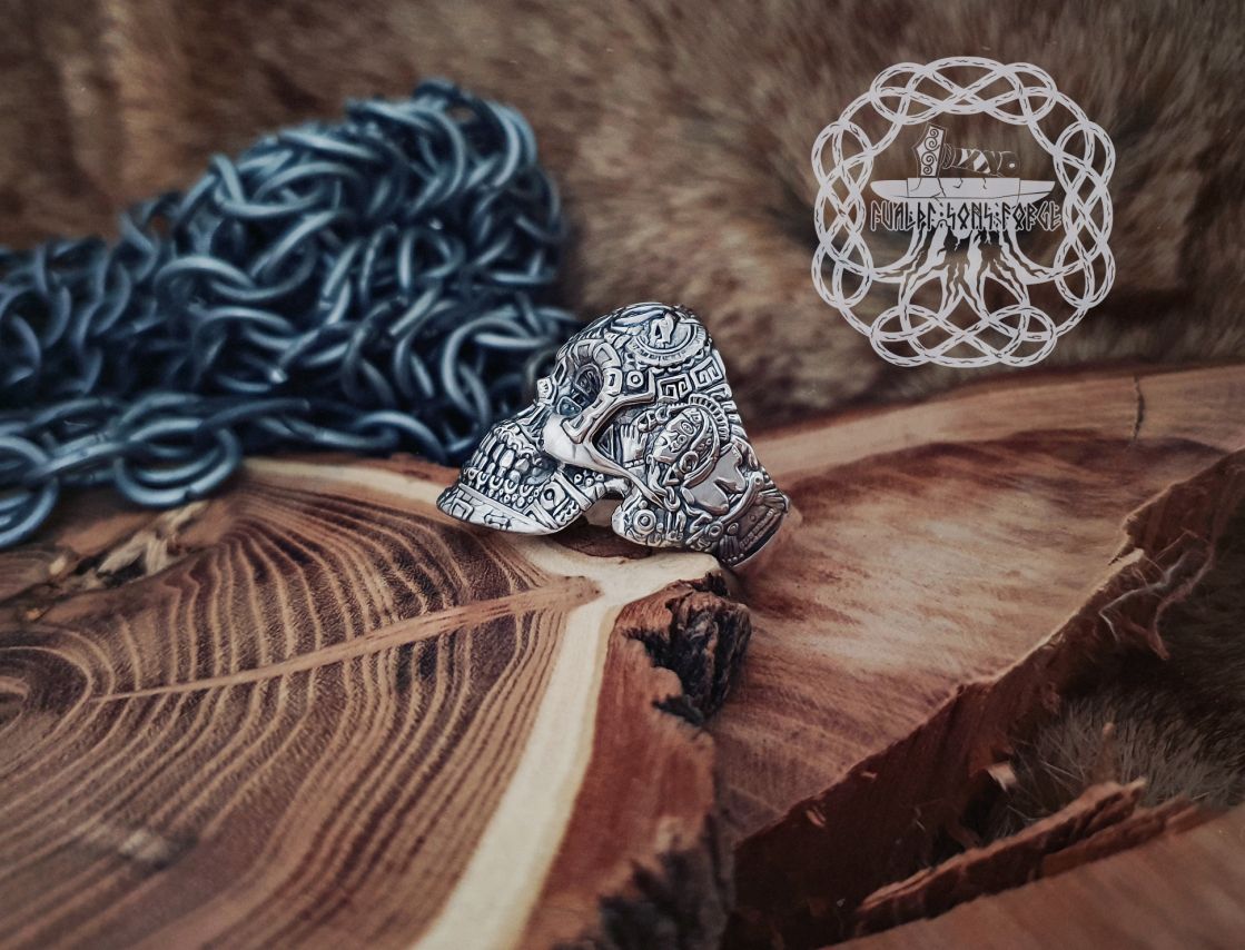 Sterling Silver Aztec Skull Ring. Maya Inspired Biker Design.