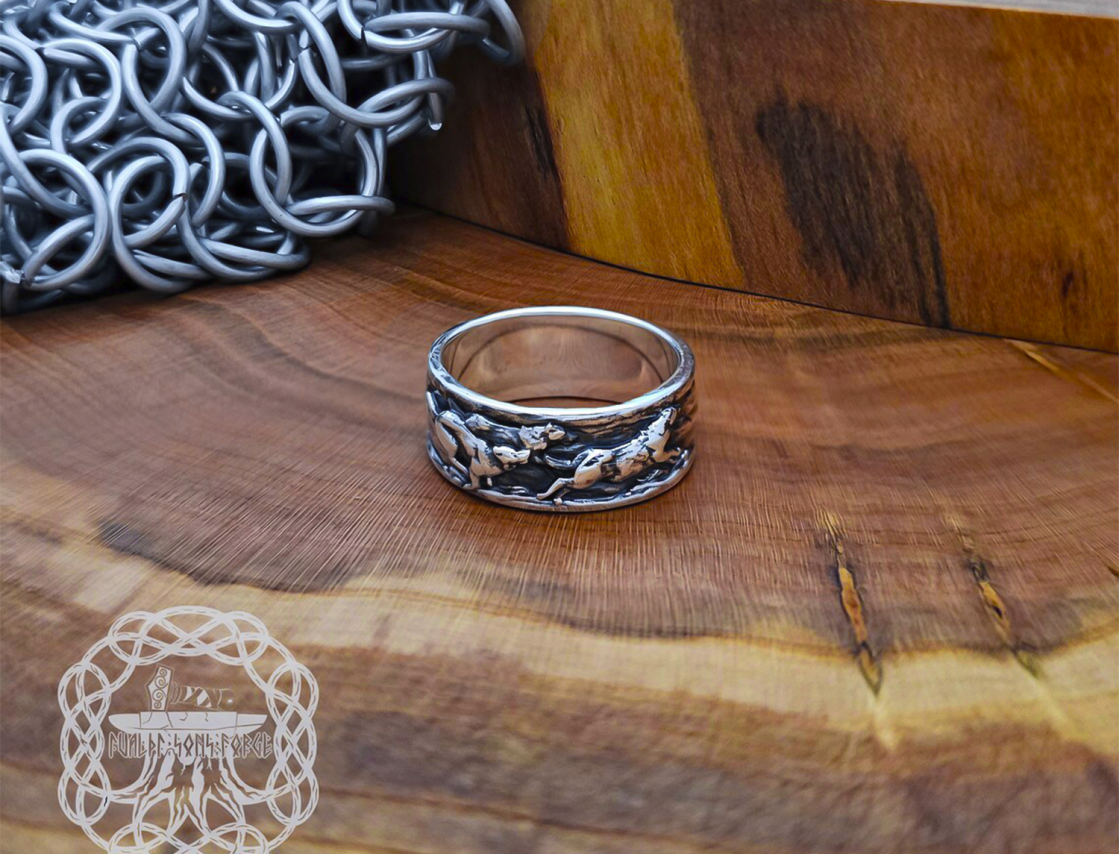 Sterling Silver Wolf Pack Statement Ring. Handmade Wildlife Jewelry.