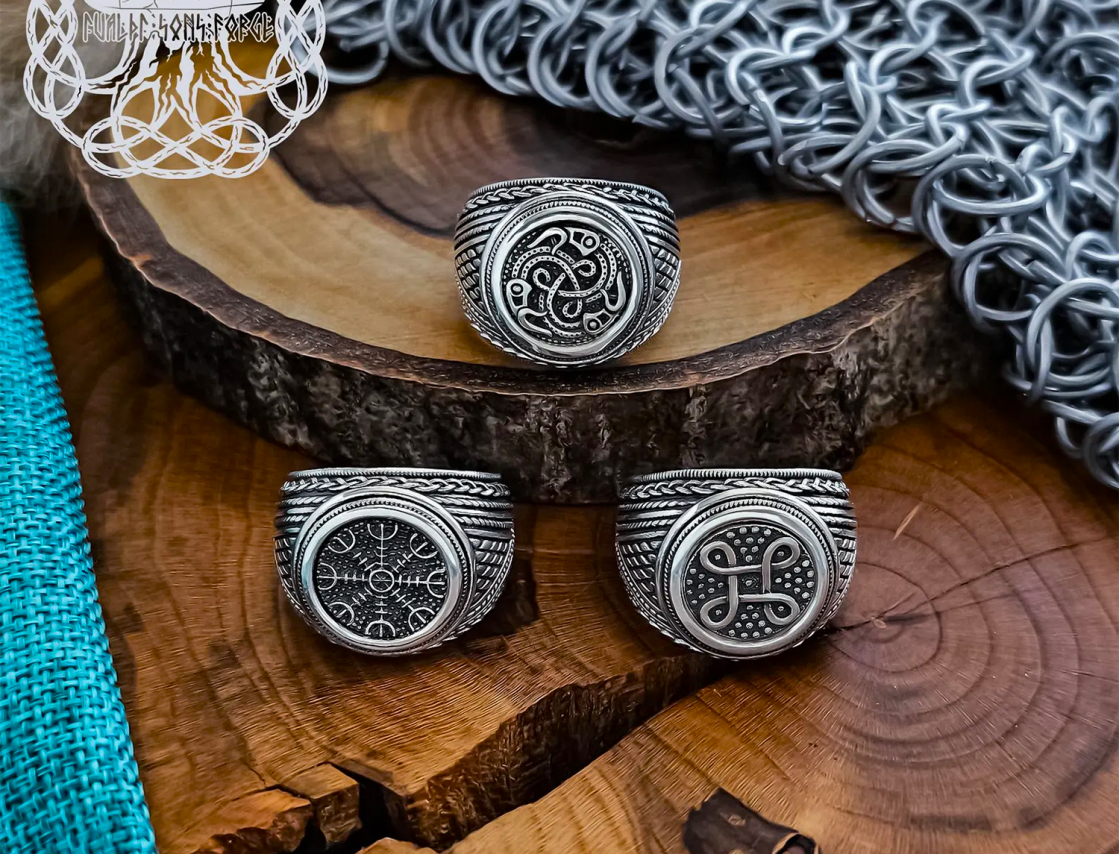 Sterling Silver Helm of Awe Ring. Artisan Handmade Viking Design.