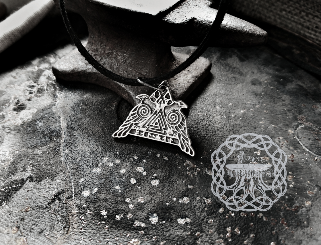 Sterling Silver Odins Ravens Pendant. Featuring Valknut and Odins Horn Symbols.