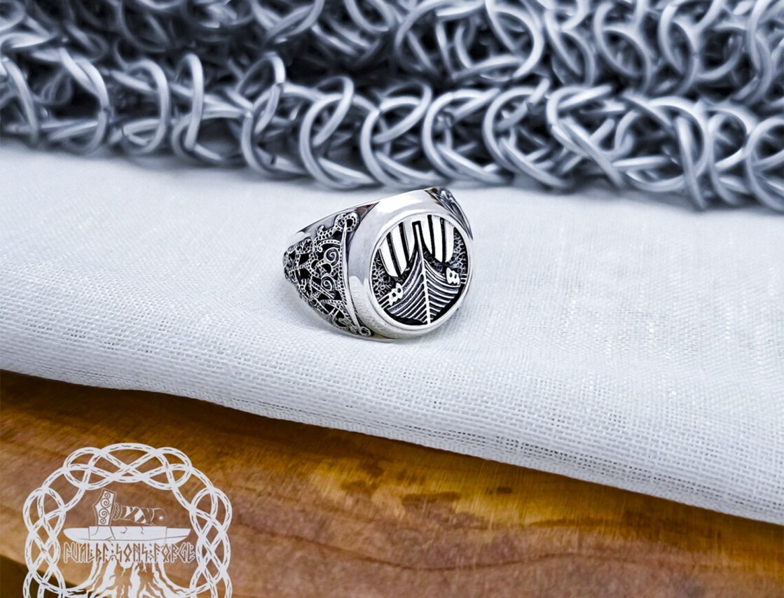 Sterling Silver Drakkar Ring. Artisan Viking Jewelry.