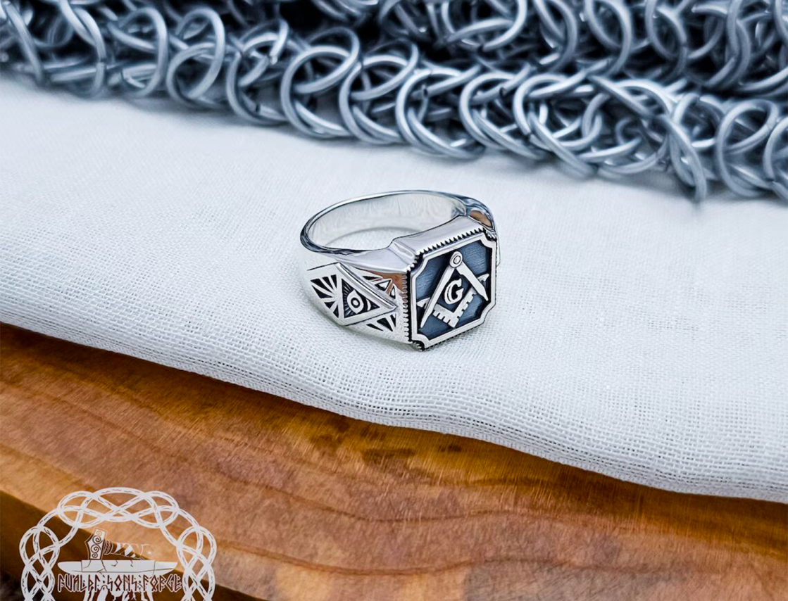 Handmade Sterling Silver Masonic Ring. Freemason Symbol Jewelry.