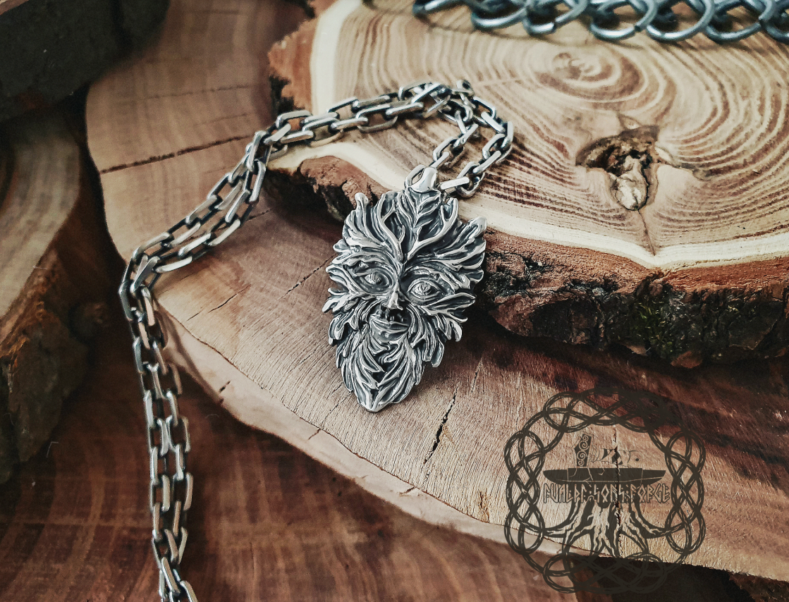 Sterling Silver Green Man Pendant. Handmade Celtic Necklace.