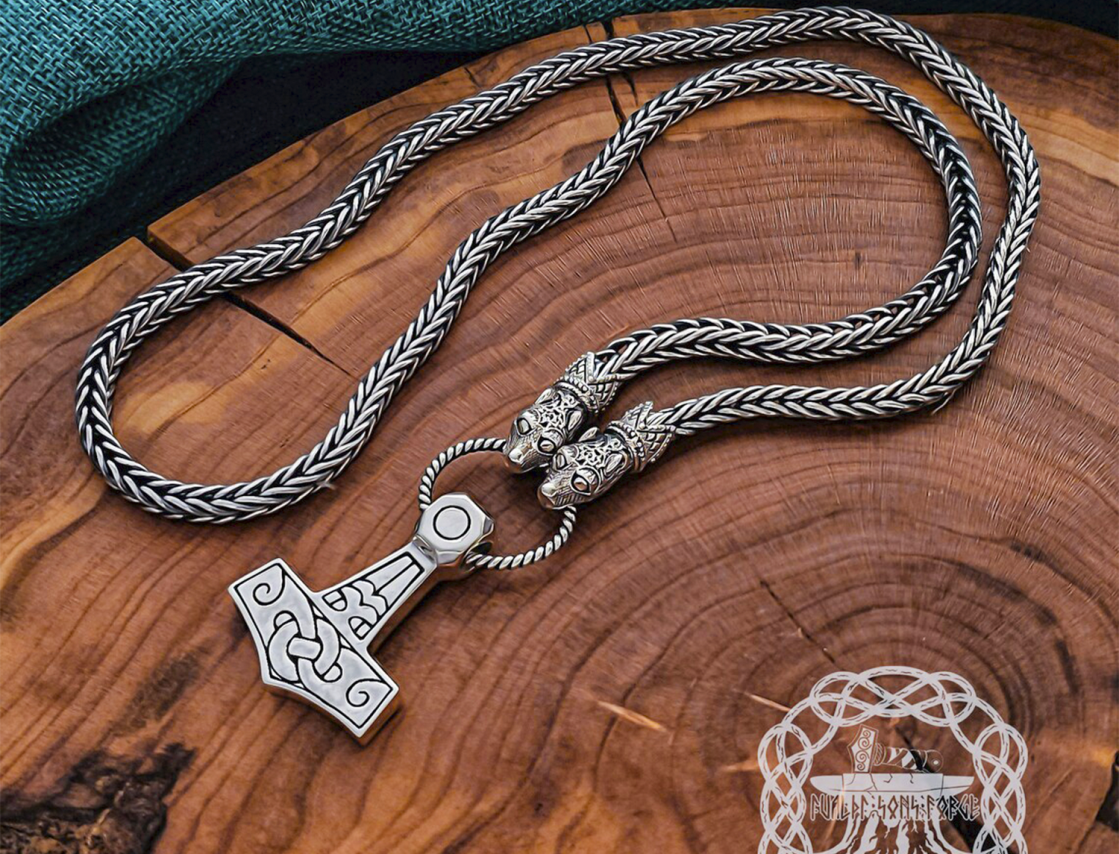Authentic sterling silver wolfs head viking chain. Handmade norse necklace.
