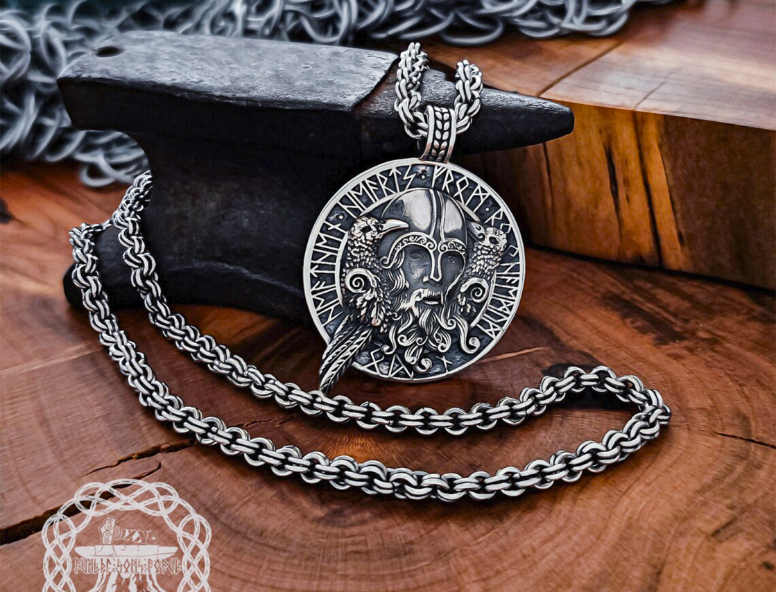 Handmade Sterling Silver Odin Necklace. Viking Raven Design.