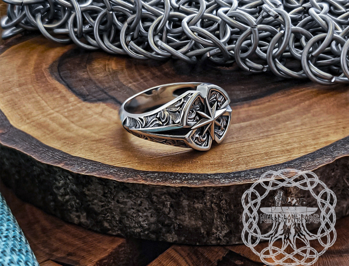 Sterling Silver Wind Rose Signet Ring. Handmade Compass Jewelry.