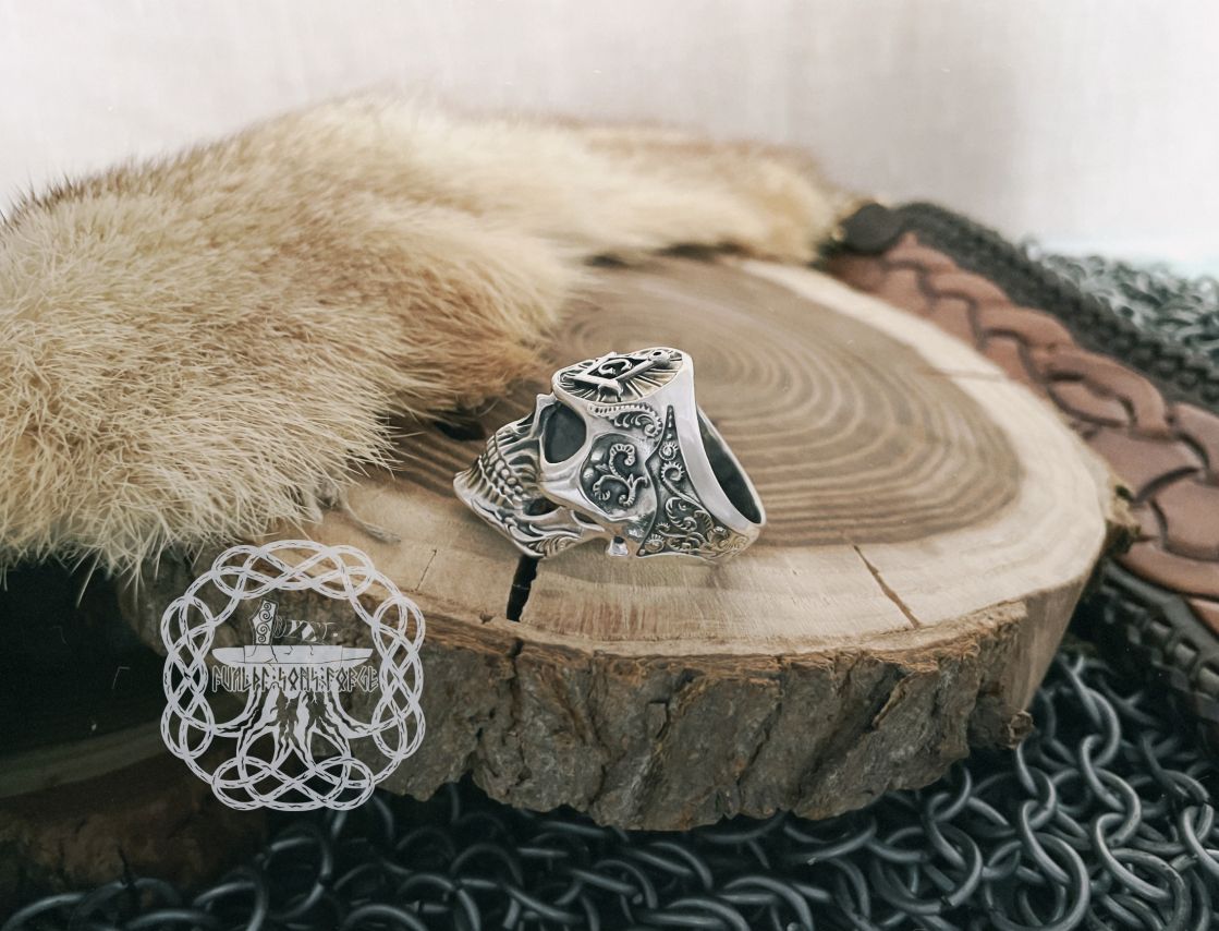 Handmade Sterling Silver Masonic Skull Ring. Freemason Biker Jewelry.