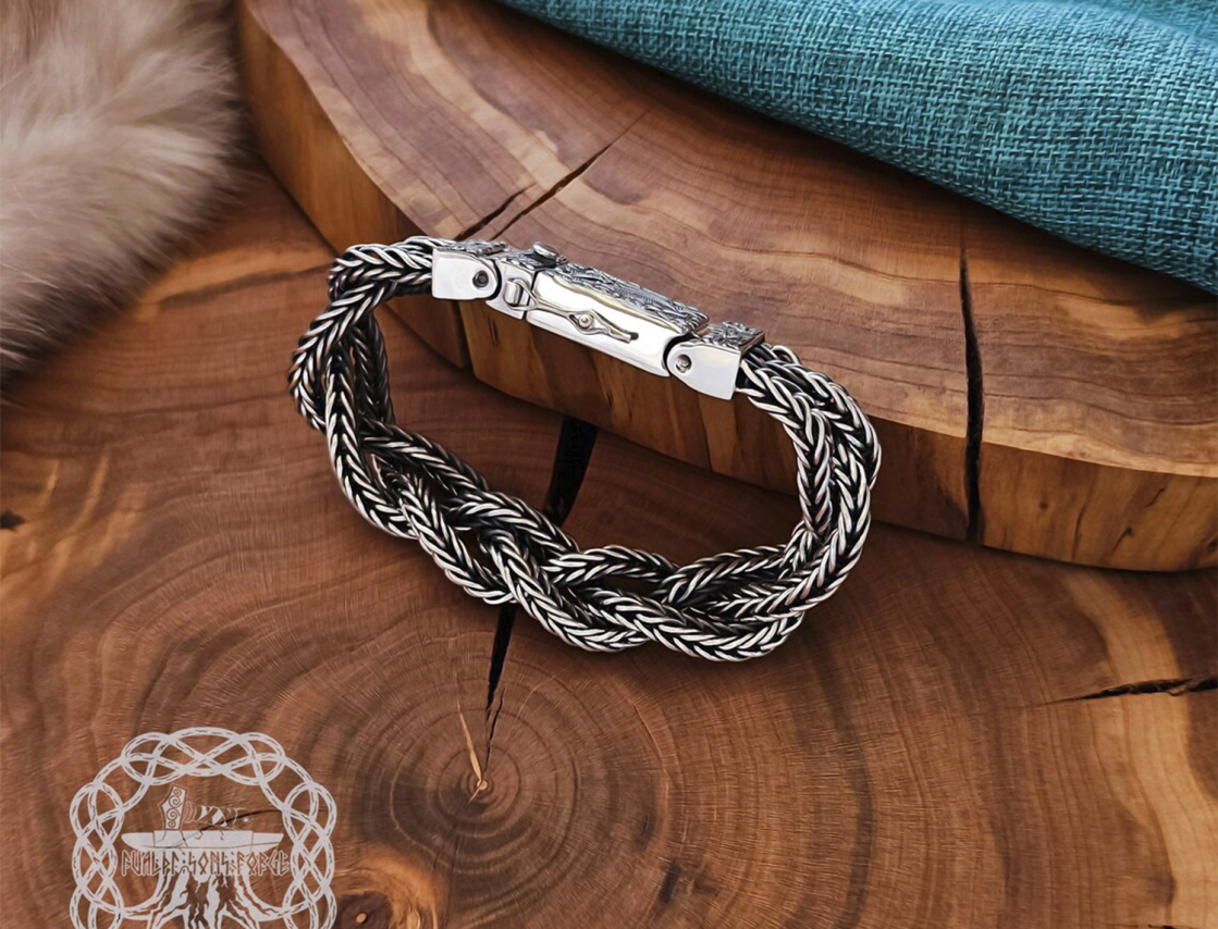 Handmade Sterling Silver Viking Bracelet. Featuring Mammen Style Cammin Casket Ornament.