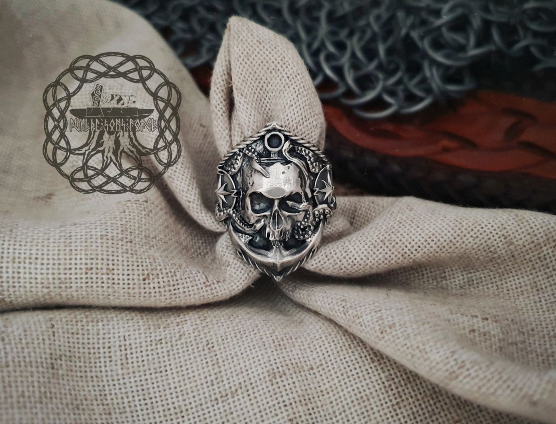 Handmade Sterling Silver Marine Skull Ring. Artisan Wind Rose and Anchor Design.