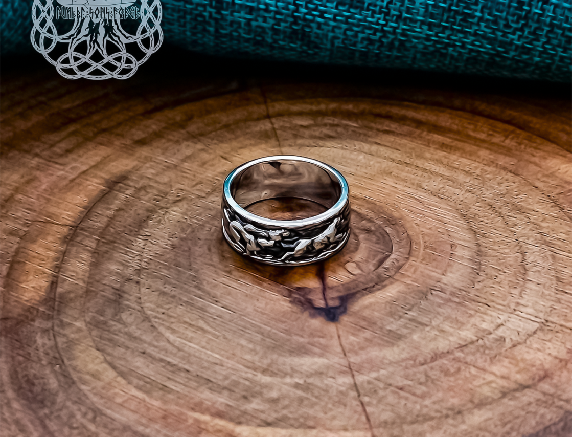 Sterling Silver Wolf Pack Statement Ring. Handmade Wildlife Jewelry.