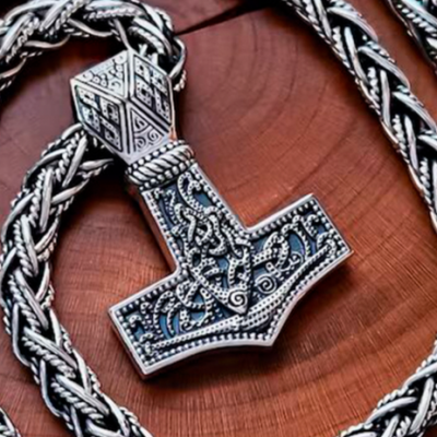 Sterling Silver Mammen Mjolnir Necklace. Handmade Viking Thor Hammer Pendant.