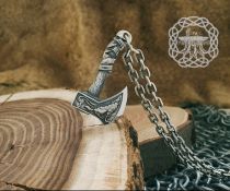 Sterling Silver Norse Axe Pendant. Raven and Wolf Amulet.