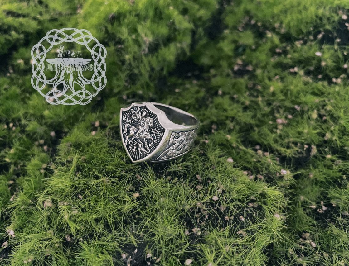 Sterling Silver Slavic Ring. Saint George the Dragon Slayer Design.