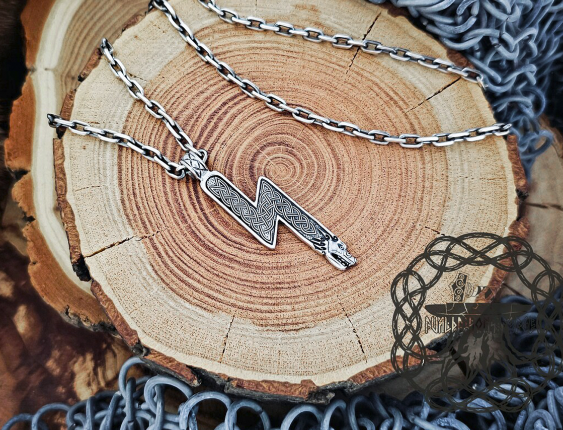 Handmade Norse Viking Sowilo Rune Wolf Pendant. Sterling Silver Runic Necklace.