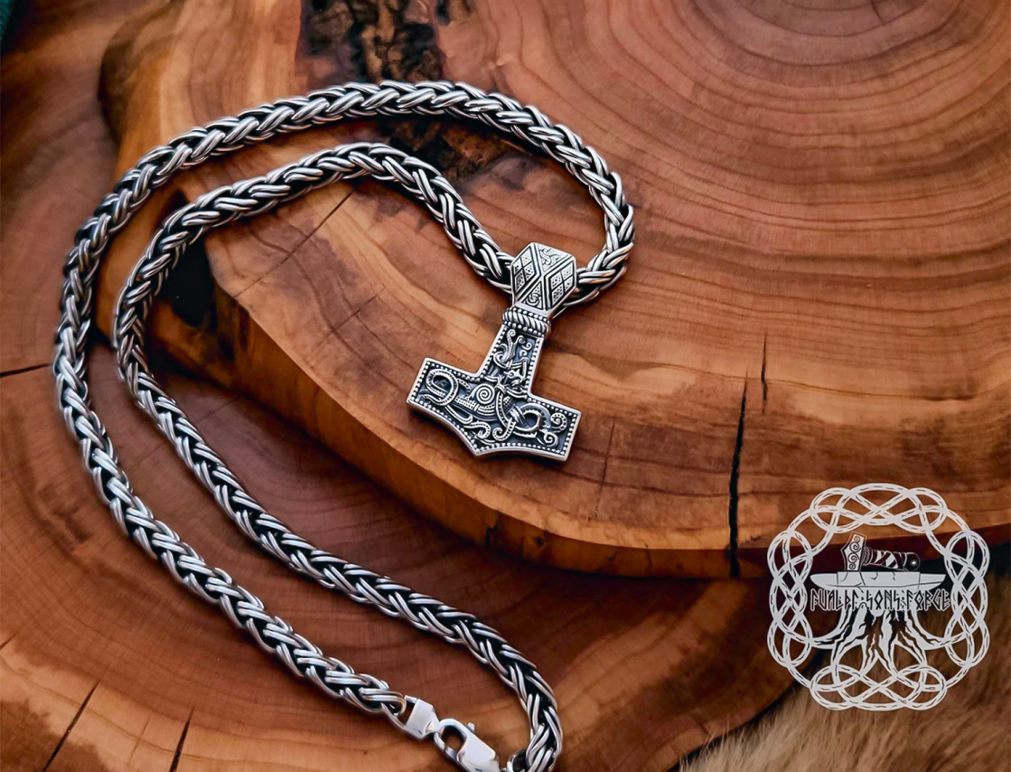 Sterling Silver Mammen Mjolnir Necklace. Handmade Viking Thor Hammer Pendant.