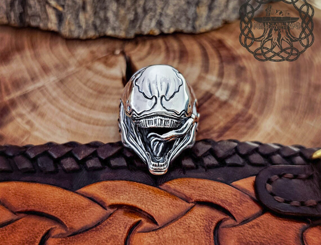 Handmade Sterling Silver Venom Ring. Superhero Cosplay Jewelry.