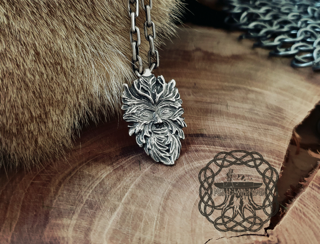 Sterling Silver Green Man Pendant. Handmade Celtic Necklace.