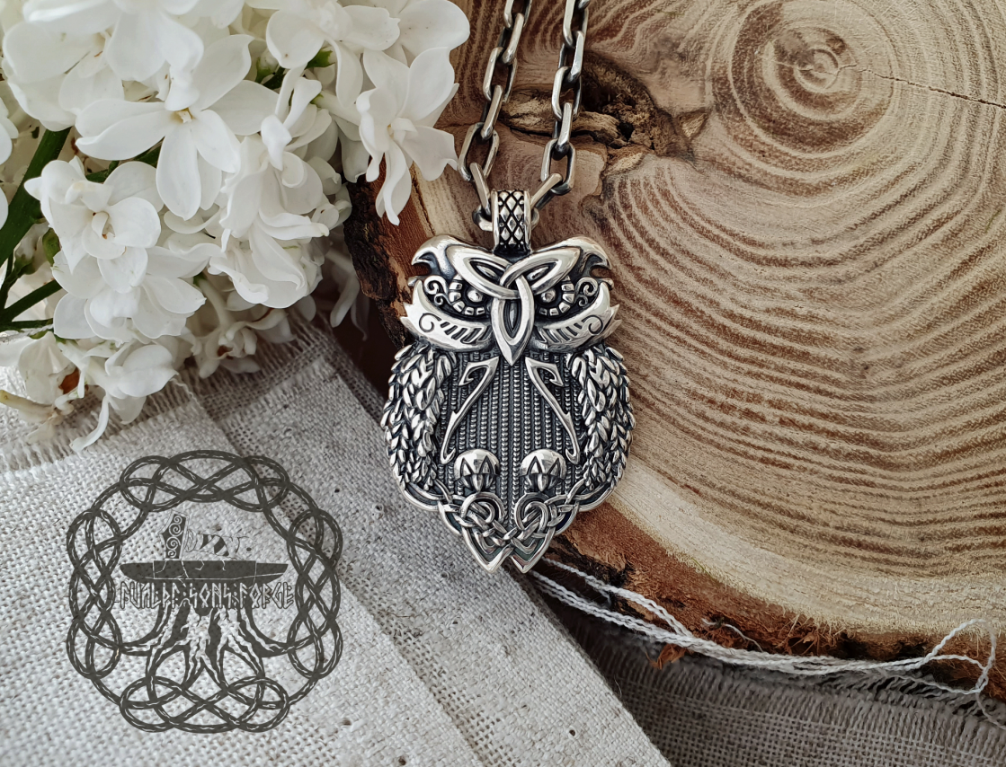 Sterling Silver Celtic Owl Necklace. Handmade Viking Jewelry.