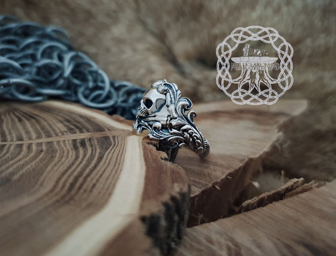 Sterling Silver Floral Skull Ring. Edgy Handmade Biker Jewelry.