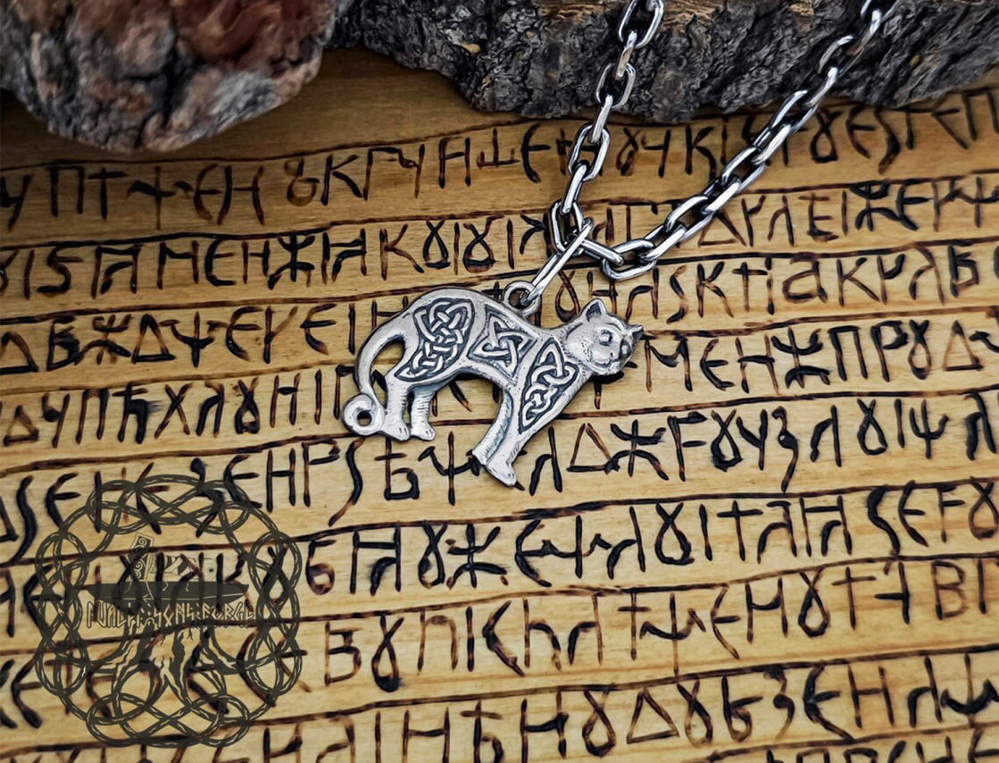 Sterling Silver Mystic Celtic Cat Pendant. Handmade Women Necklace.