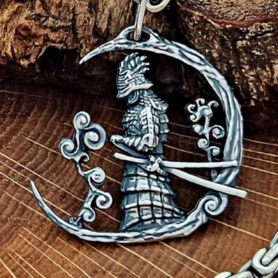 Handmade Sterling Silver Samurai Pendant. Japanese Warrior Half Moon Necklace.