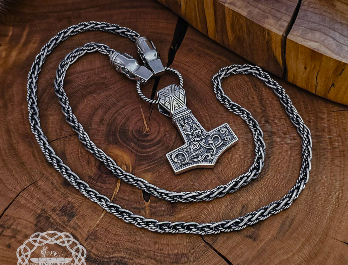 Sterling Silver Wolf Head Filigree Viking Chain. Gotland Replica Necklace.