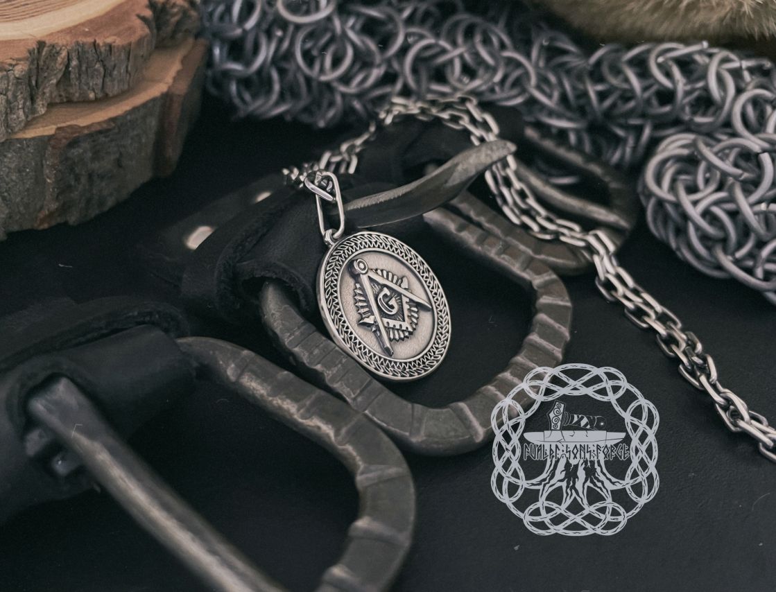 Handmade Sterling Silver Masonic Necklace. Handcrafted Square and Compasses Pendant.