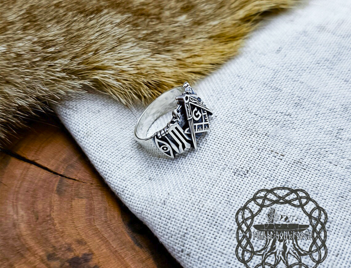 Sterling Silver Masonic Ring. Handcrafted Freemason Symbol Jewelry.