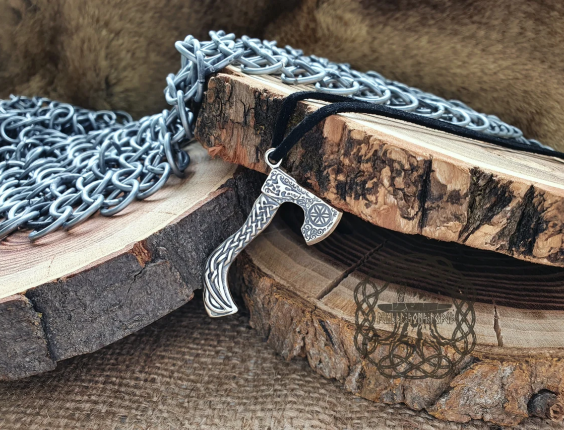 Sterling Silver Viking Axe Necklace. Braided Ornament with Wolf Design.