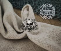 Sterling Silver Floral Skull Ring. Edgy Handmade Biker Jewelry.