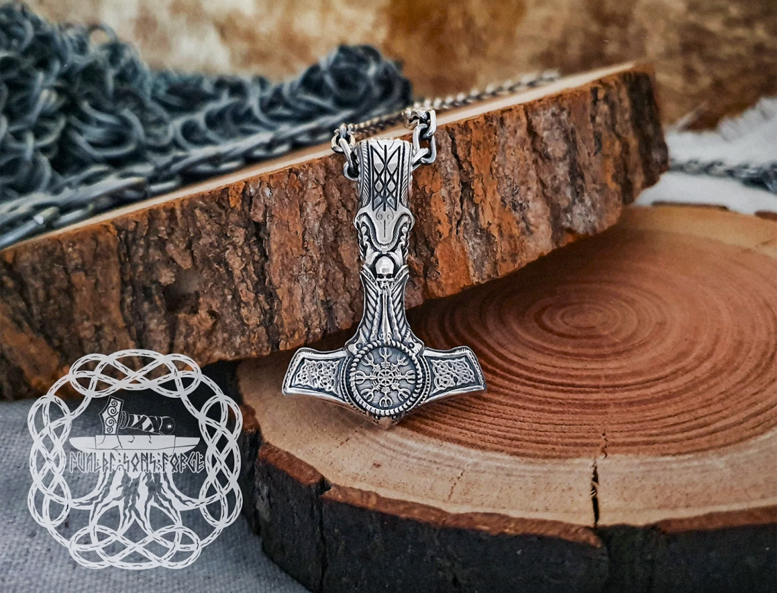 Viking Mjolnir Necklace with Helm of Awe. Sterling Silver Thor Hammer Pendant.