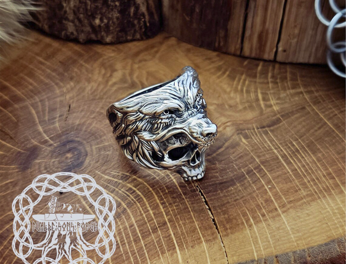 Handmade Viking Wolf Skull Ring. Sterling Silver Ulfhednar Jewelry.