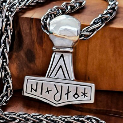 Sterling Silver Runic Thor Hammer Pendant With Valknut. Handmade Mjolnir replica from Kobelev.